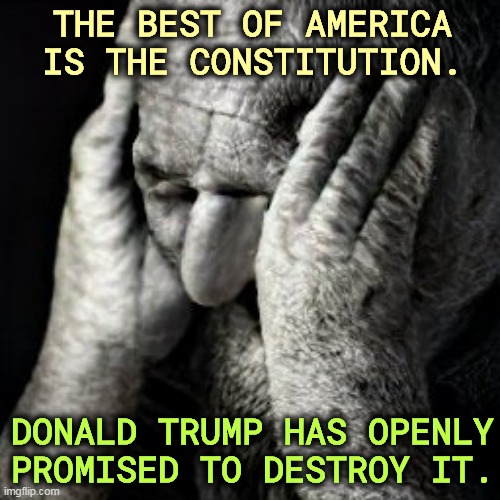 THE BEST OF AMERICA
IS THE CONSTITUTION. DONALD TRUMP HAS OPENLY PROMISED TO DESTROY IT. | image tagged in trump,king,royalty,loyalty,hate,constitution | made w/ Imgflip meme maker
