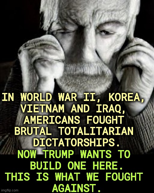 IN WORLD WAR II, KOREA, 
VIETNAM AND IRAQ, 
AMERICANS FOUGHT 
BRUTAL TOTALITARIAN 
DICTATORSHIPS. NOW TRUMP WANTS TO 
BUILD ONE HERE.
THIS IS WHAT WE FOUGHT 
AGAINST. | image tagged in wwii,korea,vietnam,iraq,dictator,trump | made w/ Imgflip meme maker