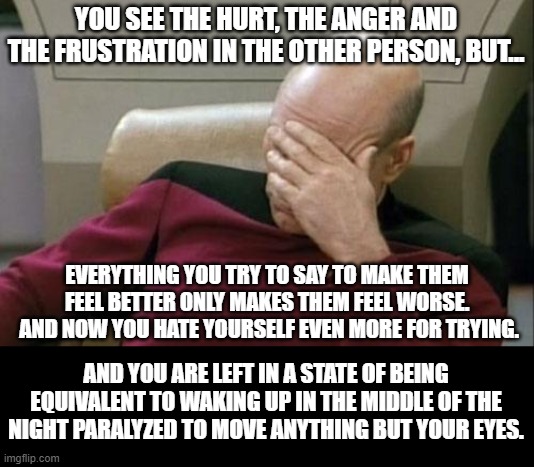 If At First You Don't Succeed - STOP!!! 2 | YOU SEE THE HURT, THE ANGER AND THE FRUSTRATION IN THE OTHER PERSON, BUT... EVERYTHING YOU TRY TO SAY TO MAKE THEM FEEL BETTER ONLY MAKES THEM FEEL WORSE.  AND NOW YOU HATE YOURSELF EVEN MORE FOR TRYING. AND YOU ARE LEFT IN A STATE OF BEING EQUIVALENT TO WAKING UP IN THE MIDDLE OF THE NIGHT PARALYZED TO MOVE ANYTHING BUT YOUR EYES. | image tagged in memes,captain picard facepalm,life,reality,real life,life sucks | made w/ Imgflip meme maker