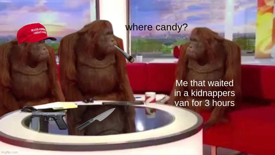where candy | where candy? Me that waited in a kidnappers van for 3 hours | image tagged in where monkey,candy | made w/ Imgflip meme maker