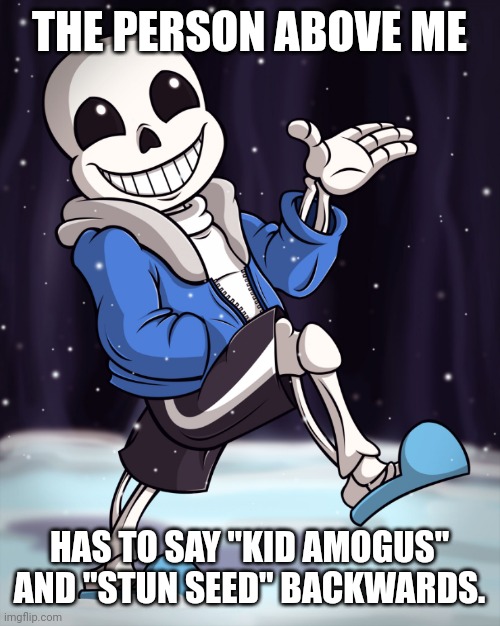 The Person Above me | THE PERSON ABOVE ME; HAS TO SAY "KID AMOGUS" AND "STUN SEED" BACKWARDS. | image tagged in the person above me | made w/ Imgflip meme maker