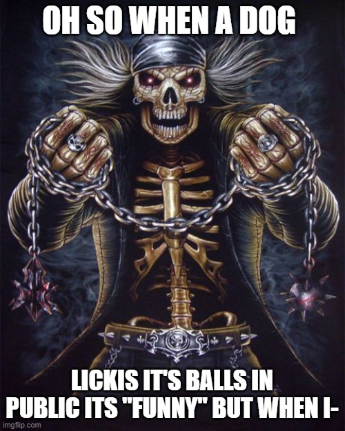 Badass Skeleton | OH SO WHEN A DOG LICKIS IT'S BALLS IN PUBLIC ITS "FUNNY" BUT WHEN I- | image tagged in badass skeleton | made w/ Imgflip meme maker