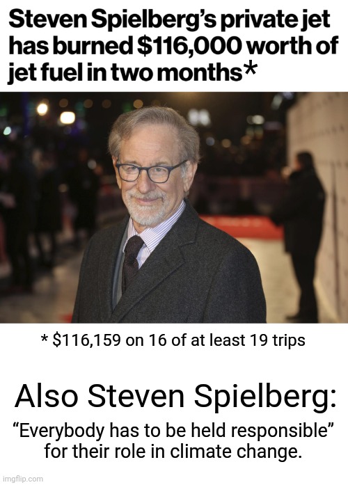 Liberal hypocrisy | *; * $116,159 on 16 of at least 19 trips; Also Steven Spielberg:; “Everybody has to be held responsible” for their role in climate change. | image tagged in memes,steven spielberg,private jet,climate change,democrats,hypocrisy | made w/ Imgflip meme maker