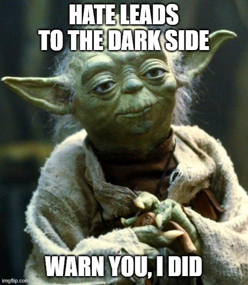 Star Wars Yoda Meme | HATE LEADS TO THE DARK SIDE WARN YOU, I DID | image tagged in memes,star wars yoda | made w/ Imgflip meme maker