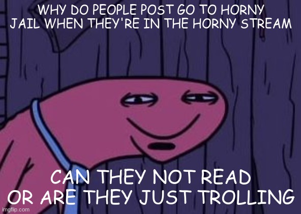 i think they're trolling i got no idea | WHY DO PEOPLE POST GO TO HORNY JAIL WHEN THEY'RE IN THE HORNY STREAM; CAN THEY NOT READ OR ARE THEY JUST TROLLING | image tagged in funny | made w/ Imgflip meme maker