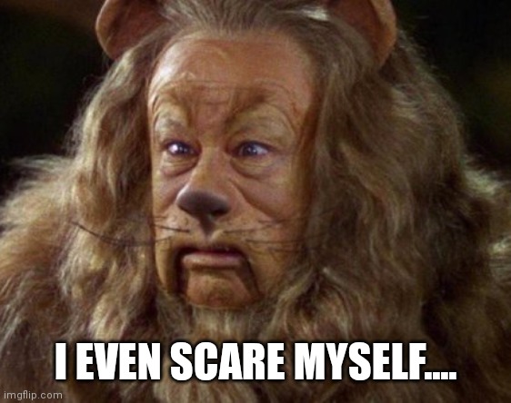 Cowardly Lion - Wizard of Oz | I EVEN SCARE MYSELF.... | image tagged in cowardly lion - wizard of oz | made w/ Imgflip meme maker