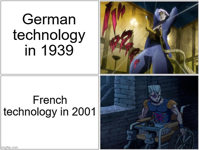 BRAKAMONOGA!!! | German technology in 1939; French technology in 2001 | image tagged in memes,jojo's bizarre adventure,germany,france | made w/ Imgflip meme maker