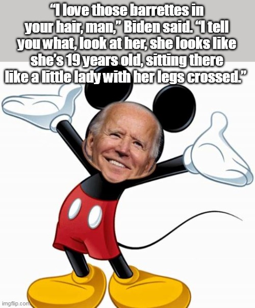 “I love those barrettes in your hair, man,” Biden said. “I tell you what, look at her, she looks like she’s 19 years old, sitting there like | made w/ Imgflip meme maker