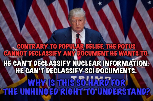 The POTUS cannot declassify everything. | CONTRARY TO POPULAR BELIEF, THE POTUS CANNOT DECLASSIFY ANY DOCUMENT HE WANTS TO. HE CAN'T DECLASSIFY NUCLEAR INFORMATION.
HE CAN'T DECLASSIFY SCI DOCUMENTS. WHY IS THIS SO HARD FOR THE UNHINGED RIGHT TO UNDERSTAND? | image tagged in donald trump | made w/ Imgflip meme maker