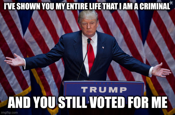 Donald Trump | I'VE SHOWN YOU MY ENTIRE LIFE THAT I AM A CRIMINAL AND YOU STILL VOTED FOR ME | image tagged in donald trump | made w/ Imgflip meme maker