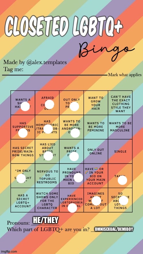 Bingo! | HE/THEY; OMNISEXUAL/DEMIBOY | image tagged in closeted lgbtq bingo | made w/ Imgflip meme maker