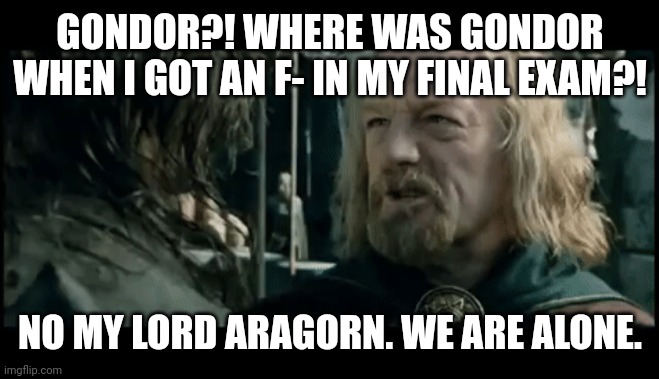 Where was Gondor when I got an F- in my final exam | GONDOR?! WHERE WAS GONDOR WHEN I GOT AN F- IN MY FINAL EXAM?! NO MY LORD ARAGORN. WE ARE ALONE. | image tagged in where was gondor | made w/ Imgflip meme maker
