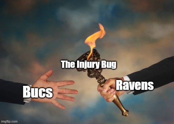 Thanks Ravens! | The Injury Bug; Bucs; Ravens | image tagged in business people passing a torch | made w/ Imgflip meme maker