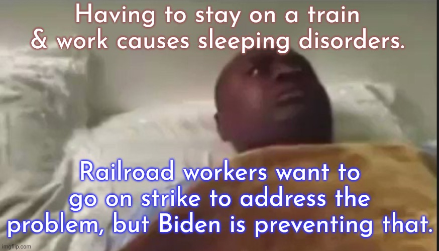 Hope he doesn't fire them all like Reagan... | Having to stay on a train & work causes sleeping disorders. Railroad workers want to go on strike to address the problem, but Biden is preventing that. | image tagged in can t sleep,presidential,executive orders,labor,union | made w/ Imgflip meme maker