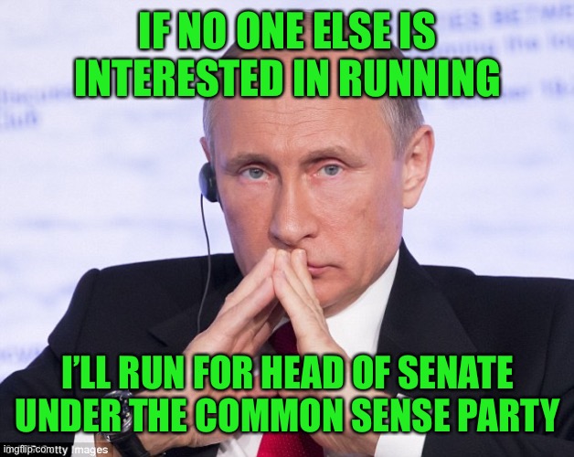 Experienced leadership and conservative values | IF NO ONE ELSE IS INTERESTED IN RUNNING; I’LL RUN FOR HEAD OF SENATE UNDER THE COMMON SENSE PARTY | image tagged in putin plotting | made w/ Imgflip meme maker