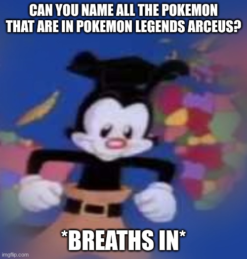 pokemon | CAN YOU NAME ALL THE POKEMON THAT ARE IN POKEMON LEGENDS ARCEUS? *BREATHS IN* | image tagged in yakko | made w/ Imgflip meme maker