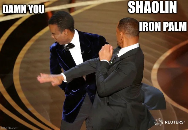 Will Smith punching Chris Rock | SHAOLIN; IRON PALM; DAMN YOU | image tagged in will smith punching chris rock | made w/ Imgflip meme maker