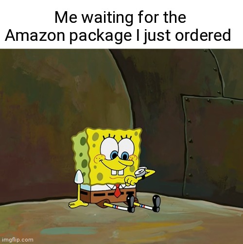 Waiting for an Amazon package | Me waiting for the Amazon package I just ordered | image tagged in spongebob waiting in the mailbox,amazon,mail,spongebob,package | made w/ Imgflip meme maker