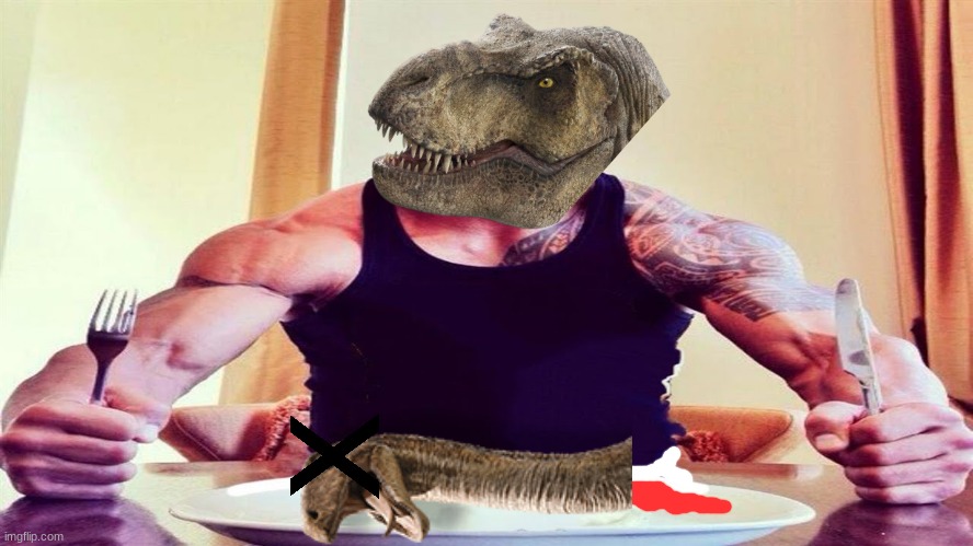 Rexy gonna eat her prey she killed | image tagged in dwayne the rock eating,t rex,jurassic park,jurassic world,dinosaur | made w/ Imgflip meme maker