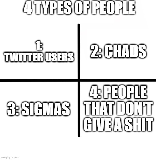 Blank Starter Pack Meme | 4 TYPES OF PEOPLE; 2: CHADS; 1: TWITTER USERS; 3: SIGMAS; 4: PEOPLE THAT DON'T GIVE A SHIT | image tagged in memes,blank starter pack | made w/ Imgflip meme maker