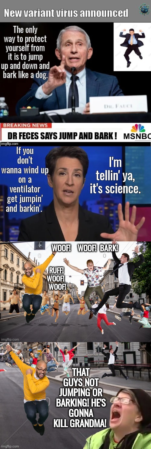 Dr Feces crackpot advice | WOOF!    WOOF!  BARK! RUFF! 
WOOF!  
WOOF! THAT GUYS NOT JUMPING OR BARKING! HE'S GONNA KILL GRANDMA! | image tagged in rachel maddow | made w/ Imgflip meme maker