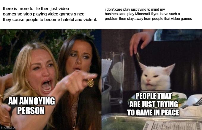 people just trying to play video games in peace | there is more to life then just video games so stop playing video games since they cause people to become hateful and violent. i don't care play just trying to mind my business and play Minecraft if you have such a problem then stay away from people that video games; PEOPLE THAT ARE JUST TRYING TO GAME IN PEACE; AN ANNOYING PERSON | image tagged in memes,woman yelling at cat | made w/ Imgflip meme maker