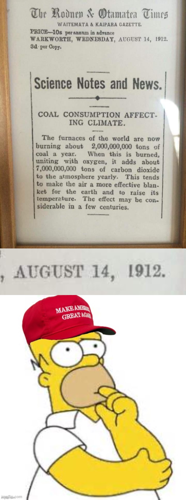 Hard to beat this succinct explanation of how greenhouse gases warm the planet, first offered over 110 years ago. | image tagged in coal consumption affecting climate 1912,maga homer simpson hmmmmm,climate change,global warming,hmmm,science | made w/ Imgflip meme maker
