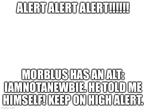 ALL UNITS PLEASE GIVE ME YOUR ATTENTION!!!!!!!!!!!!! | ALERT ALERT ALERT!!!!!! MORBLUS HAS AN ALT: IAMNOTANEWBIE. HE TOLD ME HIMSELF! KEEP ON HIGH ALERT. | image tagged in blank white template | made w/ Imgflip meme maker