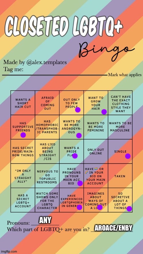 I’m only closeted as enby I’m out as aroace | ANY; AROACE/ENBY | image tagged in closeted lgbtq bingo,aro ace,non binary | made w/ Imgflip meme maker