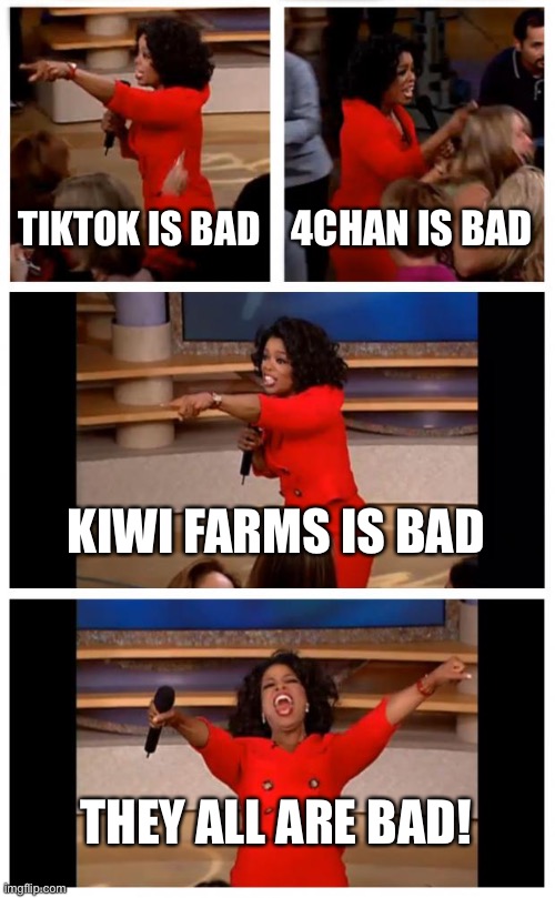 These 3 at best | TIKTOK IS BAD; 4CHAN IS BAD; KIWI FARMS IS BAD; THEY ALL ARE BAD! | image tagged in memes,oprah you get a car everybody gets a car | made w/ Imgflip meme maker
