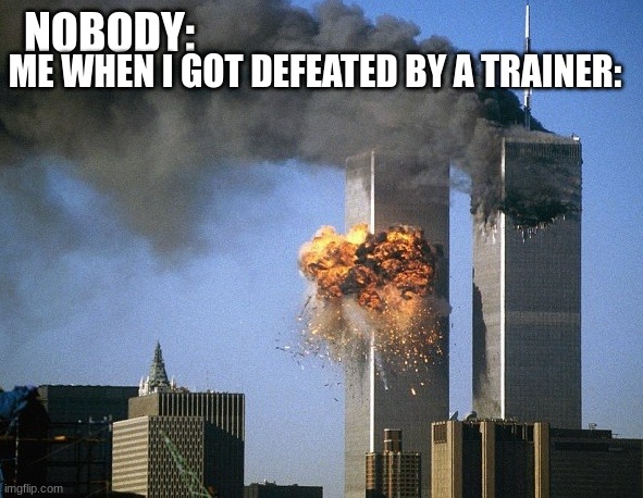 oh my... | NOBODY:; ME WHEN I GOT DEFEATED BY A TRAINER: | image tagged in twin towers | made w/ Imgflip meme maker