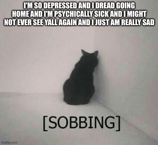 imma change my password rq jic | I'M SO DEPRESSED AND I DREAD GOING HOME AND I'M PSYCHICALLY SICK AND I MIGHT NOT EVER SEE YALL AGAIN AND I JUST AM REALLY SAD | image tagged in sobbing cat | made w/ Imgflip meme maker