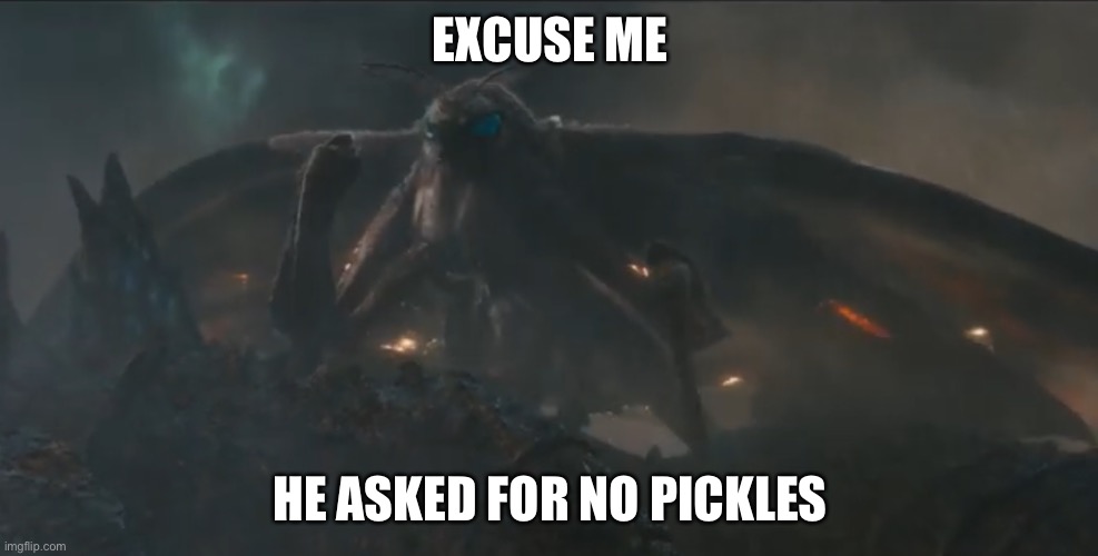 Mothra helps Godzilla with his order | EXCUSE ME; HE ASKED FOR NO PICKLES | image tagged in godzilla,mothra,godzilla vs kong,legendary,pickles,queen | made w/ Imgflip meme maker