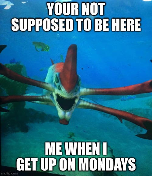 Subnatica reaper leviathan | YOUR NOT SUPPOSED TO BE HERE; ME WHEN I GET UP ON MONDAYS | image tagged in subnatica reaper leviathan | made w/ Imgflip meme maker