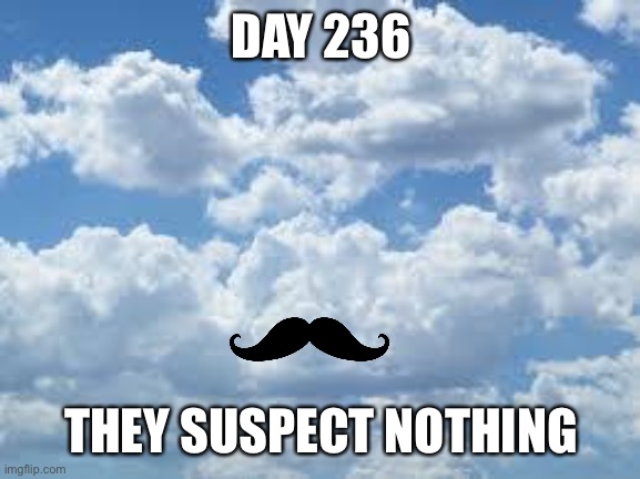 clouds | DAY 236 THEY SUSPECT NOTHING | image tagged in clouds | made w/ Imgflip meme maker