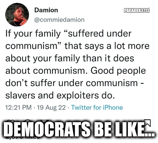 People like this say China is one of the freest societies in the World. But they won't move there. | PARADOX3713; DEMOCRATS BE LIKE... | image tagged in memes,politics,democrats,communism,socialism,trending now | made w/ Imgflip meme maker