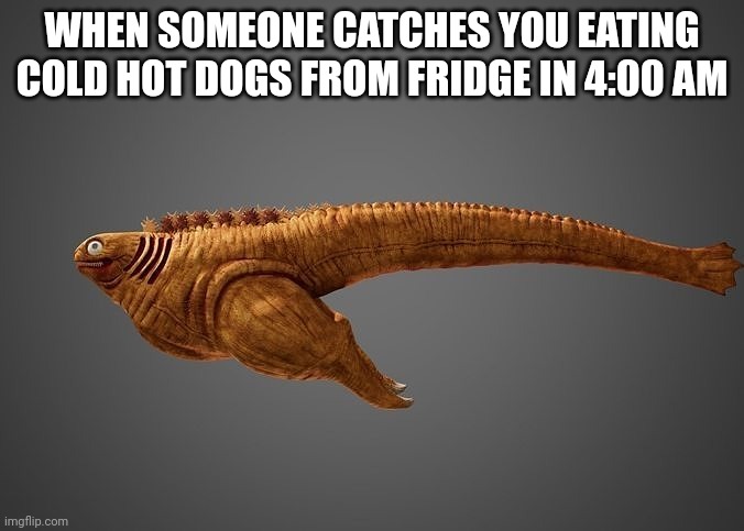 I just found 1st form of shin godzilla :blush: | WHEN SOMEONE CATCHES YOU EATING COLD HOT DOGS FROM FRIDGE IN 4:00 AM | made w/ Imgflip meme maker