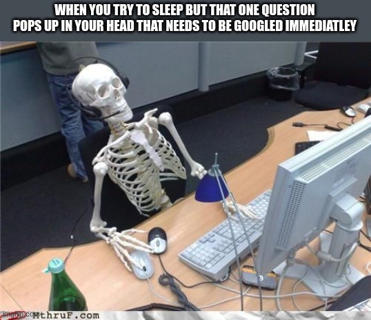 This is a good title | WHEN YOU TRY TO SLEEP BUT THAT ONE QUESTION POPS UP IN YOUR HEAD THAT NEEDS TO BE GOOGLED IMMEDIATLEY | image tagged in skeleton computer,sleep,google | made w/ Imgflip meme maker