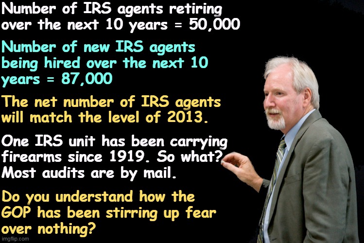 Republican Fear and Smear | Number of IRS agents retiring 
over the next 10 years = 50,000; Number of new IRS agents 
being hired over the next 10 
years = 87,000; The net number of IRS agents 
will match the level of 2013. One IRS unit has been carrying 
firearms since 1919. So what? 
Most audits are by mail. Do you understand how the 
GOP has been stirring up fear 
over nothing? | image tagged in blackboard,irs,retirement,gop,lies | made w/ Imgflip meme maker