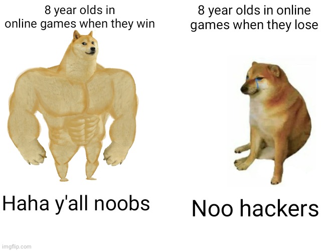 8 year olds in online games be like | 8 year olds in online games when they win; 8 year olds in online games when they lose; Haha y'all noobs; Noo hackers | image tagged in memes,buff doge vs cheems,online gaming | made w/ Imgflip meme maker