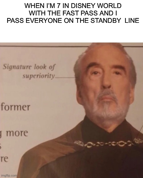 True |  WHEN I’M 7 IN DISNEY WORLD WITH THE FAST PASS AND I PASS EVERYONE ON THE STANDBY  LINE | image tagged in signature look of superiority,disney,disney world,who reads these,rickrolled | made w/ Imgflip meme maker