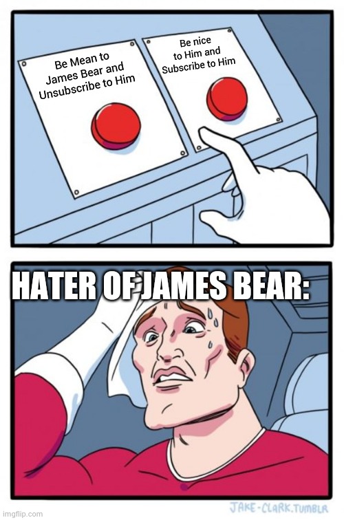 James Bear | Be nice to Him and Subscribe to Him; Be Mean to James Bear and Unsubscribe to Him; HATER OF JAMES BEAR: | image tagged in memes,two buttons | made w/ Imgflip meme maker