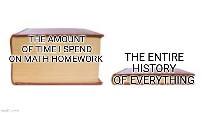 Big book small book | THE AMOUNT OF TIME I SPEND ON MATH HOMEWORK; THE ENTIRE HISTORY OF EVERYTHING | image tagged in big book small book | made w/ Imgflip meme maker