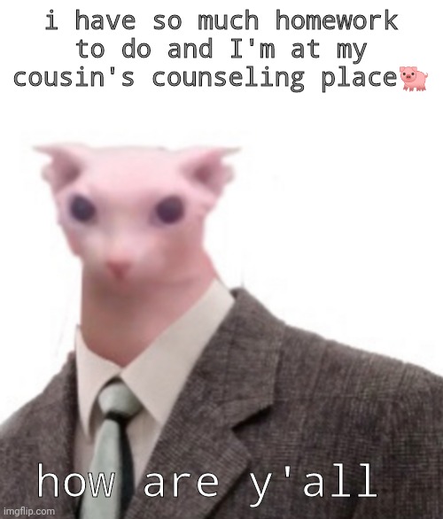 bingus | i have so much homework to do and I'm at my cousin's counseling place🐖; how are y'all | image tagged in bingus | made w/ Imgflip meme maker