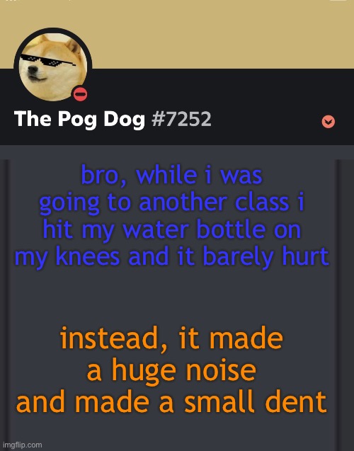 epic doggos epic discord temp | bro, while i was going to another class i hit my water bottle on my knees and it barely hurt; instead, it made a huge noise and made a small dent | image tagged in epic doggos epic discord temp | made w/ Imgflip meme maker