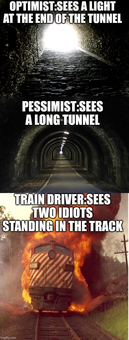 Choo-choo bitch |  OPTIMIST:SEES A LIGHT AT THE END OF THE TUNNEL; PESSIMIST:SEES A LONG TUNNEL; TRAIN DRIVER:SEES TWO IDIOTS STANDING IN THE TRACK | image tagged in tunnel light,tunnel,train fire | made w/ Imgflip meme maker