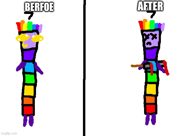 Seven dies from a knife again (I love to keep on murdering this cute Lucky character) | AFTER; BERFOE | image tagged in seven,numberblocks,blood,gore,funny,cute | made w/ Imgflip meme maker