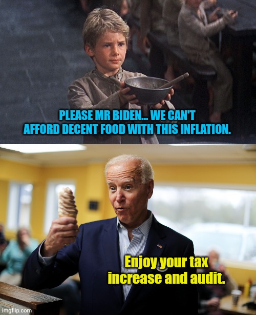 PLEASE MR BIDEN... WE CAN'T AFFORD DECENT FOOD WITH THIS INFLATION. Enjoy your tax increase and audit. | image tagged in please sir,joe biden | made w/ Imgflip meme maker