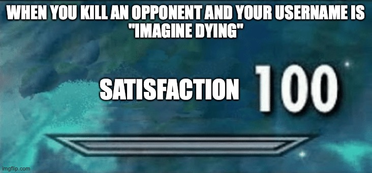 nice | WHEN YOU KILL AN OPPONENT AND YOUR USERNAME IS
"IMAGINE DYING"; SATISFACTION | image tagged in skyrim skill meme | made w/ Imgflip meme maker