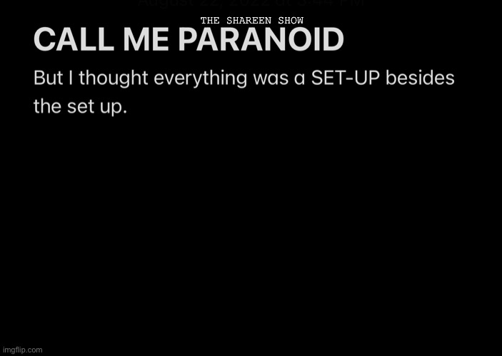 Paranoid | THE SHAREEN SHOW | image tagged in paranoid,abuse,trauma,murder,crimes | made w/ Imgflip meme maker